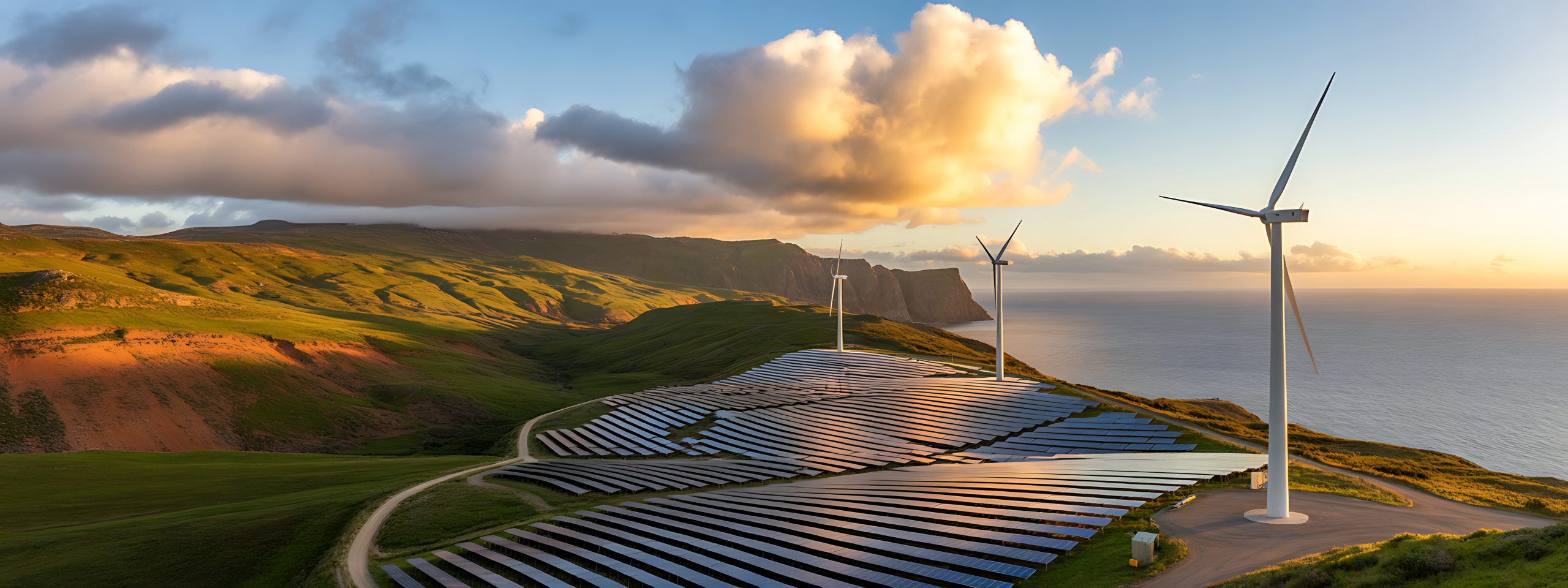 Champ éolien et solaire en bord de mer