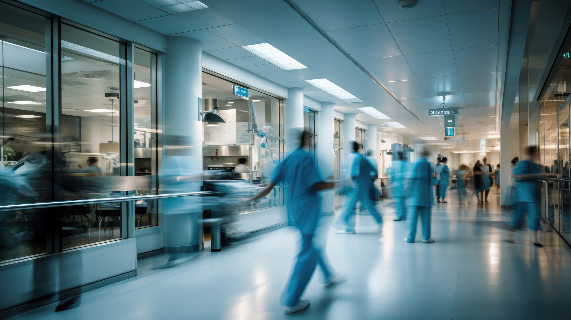 Personnel soignant en mouvement dans un couloir d'établissement de santé