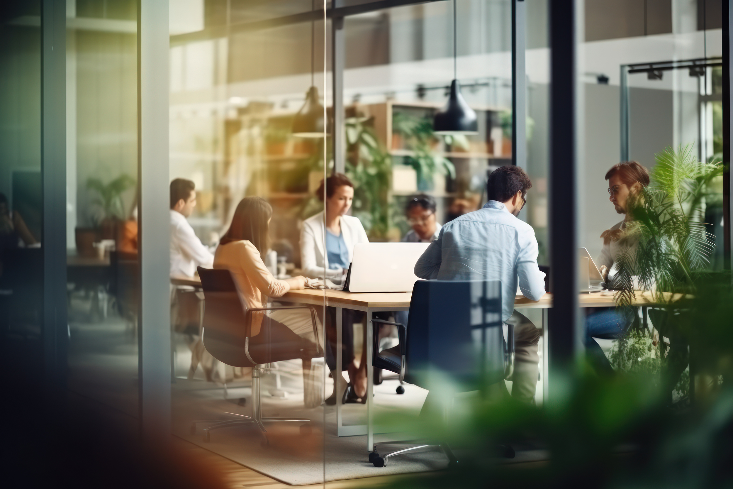 Équipe en réunion dans un bureau vitré