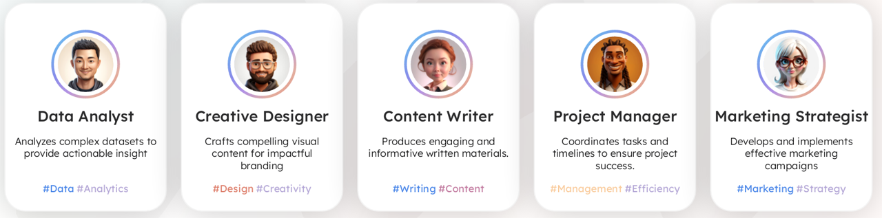 Exemples de Mates : Data Analyst, Creative Designer, Content Writer, Project Manager, Marketing Strategist